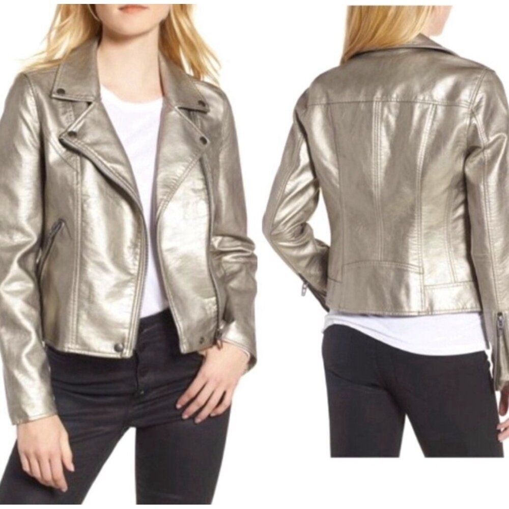 blanknyc silver faux vegan moto biker leather jacket Medium